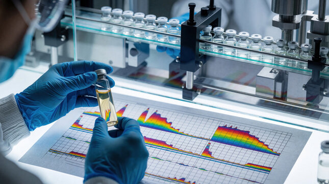 Scientist reviews chromatography data near vaccine vials on an automated filling line. Lab tech analyzes purity peaks from a vial, ensuring quality control in pharmaceutical production.