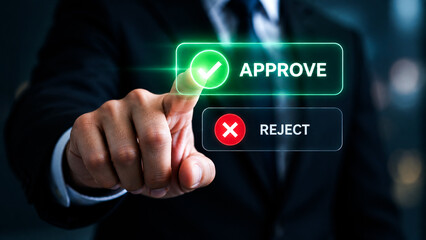 Obraz premium Digital Business Approval and Rejection Decision Interface with Professional, Touch-Friendly Interactive Buttons, Online Authorization Workflow, and Corporate Management Concept.