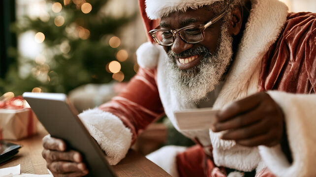 Cheerful older Black man wearing red white costume smiling while holding tablet and gift card