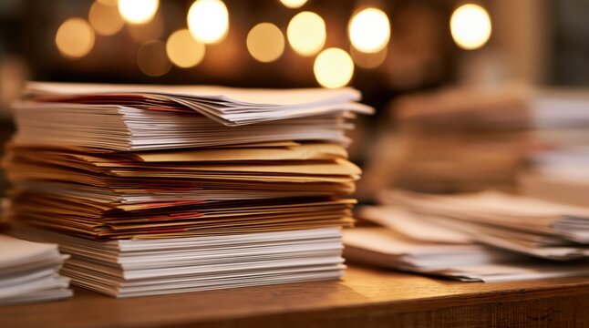 Paper stack of messy documents and envelopes on a wooden office desk with blurry holiday lights for business work
