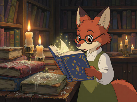 Fox Scholar Reading Ancient Spellbook