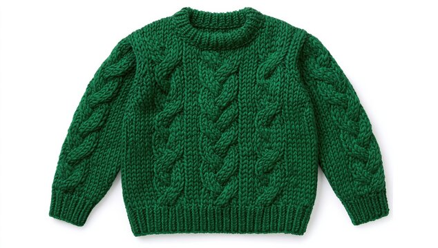 Sweater in dark green chunky cable knit wool for autumn and winter fashion apparel isolated on white background