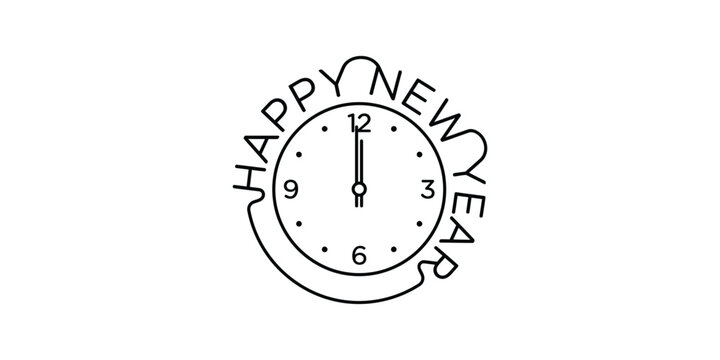 Minimalist vector clock design celebrating New Year with cheerful message and simple hour markers.