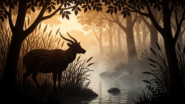 Antelope Standing in Misty Jungle Clearing Near Grass