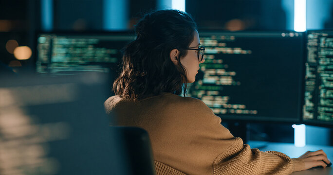 Rear view of female programmer coding on multiple monitors in dark office