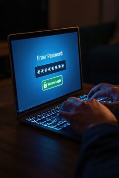 Security login on a laptop computer screen with password authentication for data privacy and cyber account access
