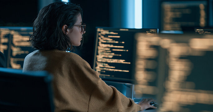 Rear view of female programmer coding on multiple monitors in dark office