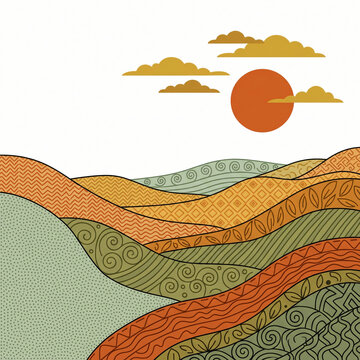 Abstract landscape illustration with patterned rolling hills and a warm sun.