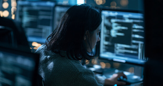 Rear view of female programmer coding on multiple monitors in dark office