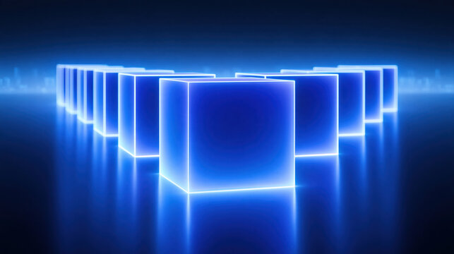 Glowing cube row blue cube digital art abstract background neon light receding perspective geometric shape 3d render futuristic design luminous edge