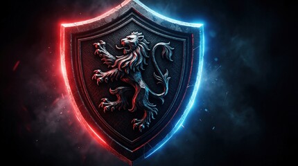 Fototapeta premium Metallic shield emblem with lion motif glows with red and blue light. Symbolizes strength, protection, and authority against dark background.