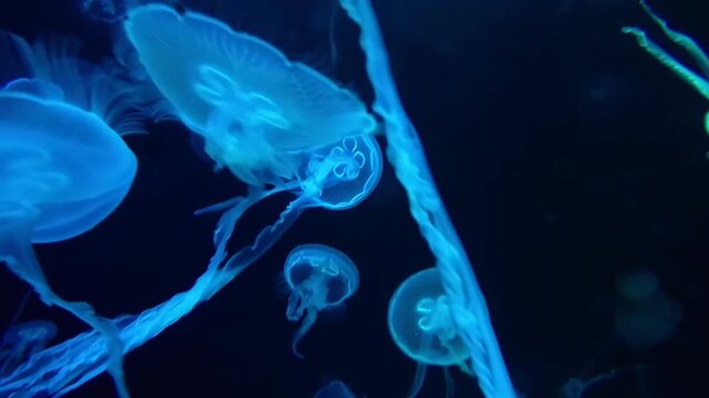 Underwater video of glowing jellyfish, captured from a side angle in a serene, dark setting. Live desktop wallpaper.