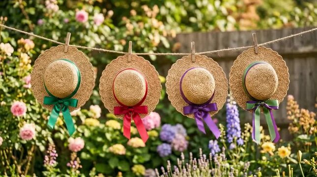 Straw hats with colorful ribbons hanging in garden