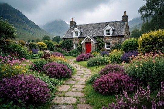 Stone cottage with red door sits in rich garden, purple heather blooms near path. Hills rise behind quaint home, green fields surround dwelling.
