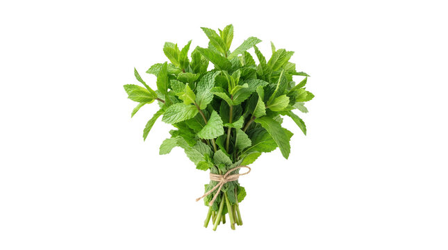 Fresh mint sprigs tied with twine on transparent background