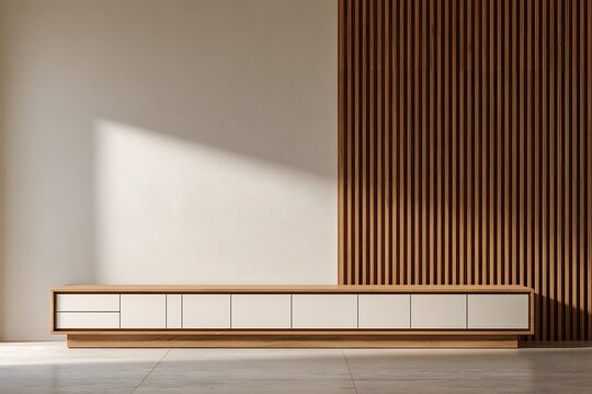 Modern minimalist tv console cabinet with white drawers and wooden frame against a wooden slat wall and white plaster wall
