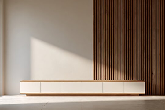 Minimalist tv stand with white cabinet doors and wooden trim placed against a wooden slat wall and plain white wall