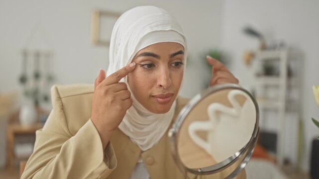 Woman touching eyebrows and temples while inspecting skin in mirror in studio; self care contemplation.