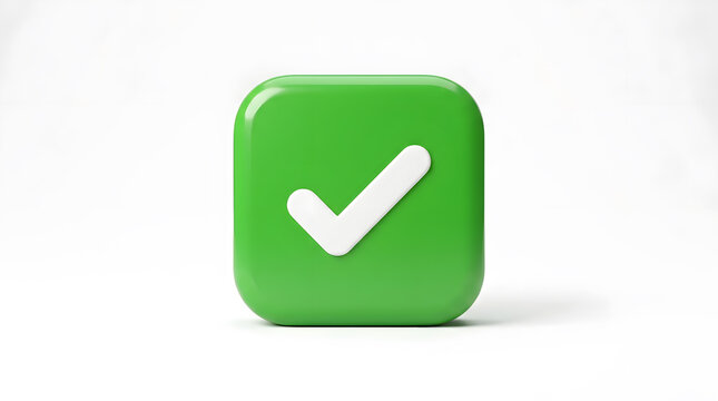Glossy green 3D checkbox button icon with a white checkmark isolated on a white background