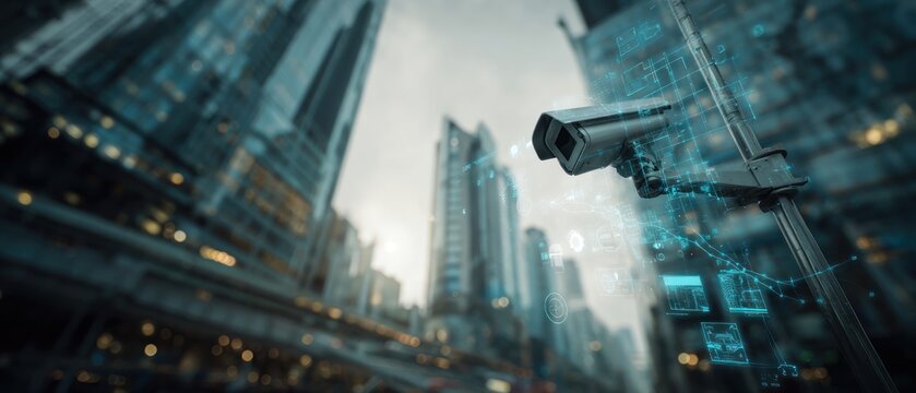 Security camera monitoring city skyline