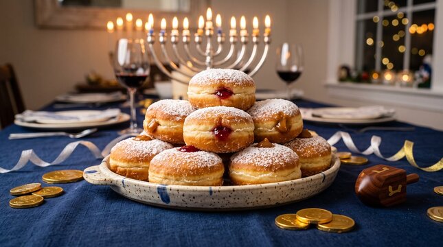 Traditional sufganiyot jelly donuts in a warm Hanukkah celebrations table setting with glowing menorah candles and dreidel for a festive Jewish holiday concept