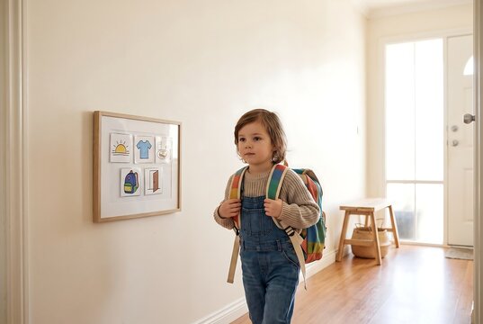 Child Walking Independently With Backpack Before School