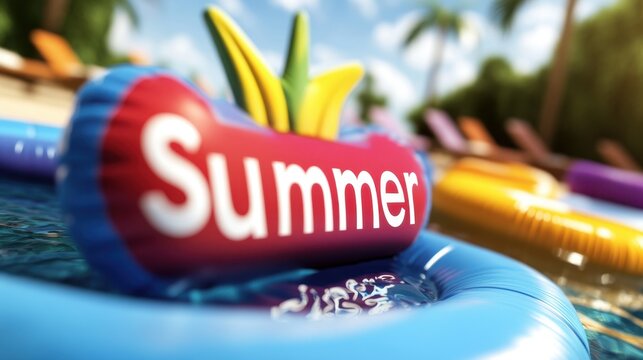 A vibrant pineapple-shaped pool float labeled "Summer" floats in a colorful pool surrounded by other bright inflatables and lounge chairs.