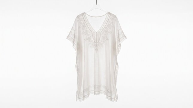 White embroidered kaftan beach cover-up hanging on a hanger