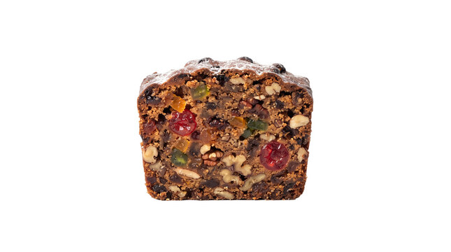 Slice of fruitcake with nuts and candied fruit on transparent background