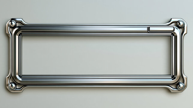 Metal frame border for empty banner, shiny silver chrome rectangle with rounded corner detail on light background
