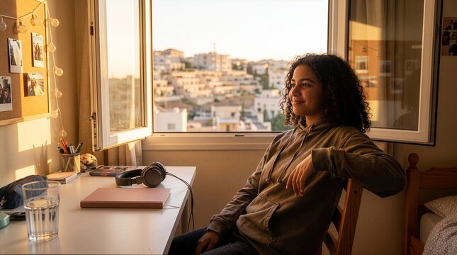 Remote worker taking break in home office at sunset