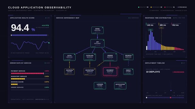 Cloud application observability dashboard interface with data analytics metrics