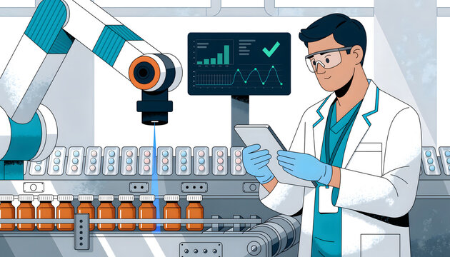 Modern flat 2.5D corporate illustration of a professional technician using a digital tablet to monitor automated pharmaceutical production and robotic arm manufacturing process