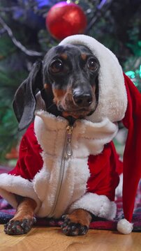 A black and tan dachshund dog wearing a red and white Santa costume and hood sits on a plaid blanket beneath a decorated Christmas tree, then turns around showing its back.