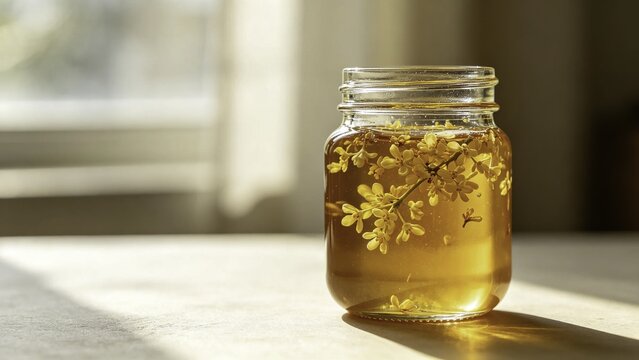 Raw honey infused with sweet osmanthus blossoms in mason jar