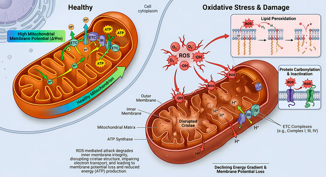 Comparison diagram of healthy mitochondrion and damaged mitochondrion due to oxidative stress and reactive oxygen species