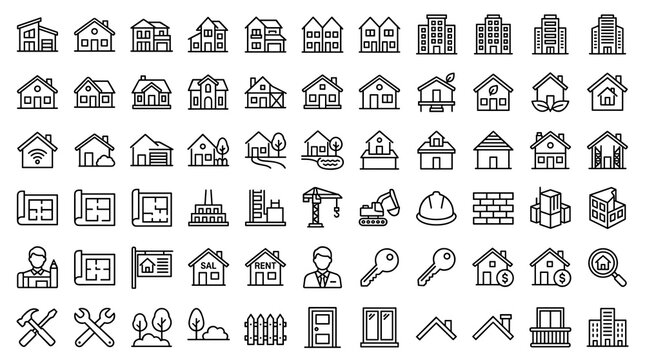 Modern House and Real Estate Editable Line Icon Set Featuring Residential Buildings, Villas, Construction, Property, Architecture and Home Symbols