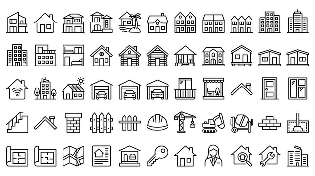 Modern Residential Building and Construction Outline Icon Collection Featuring Houses, Villas, Apartments, Property Management, Architecture and Development