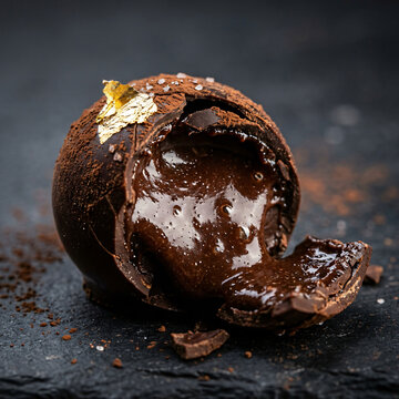 A decadent gourmet chocolate truffle with a molten center and gold leaf garnish.