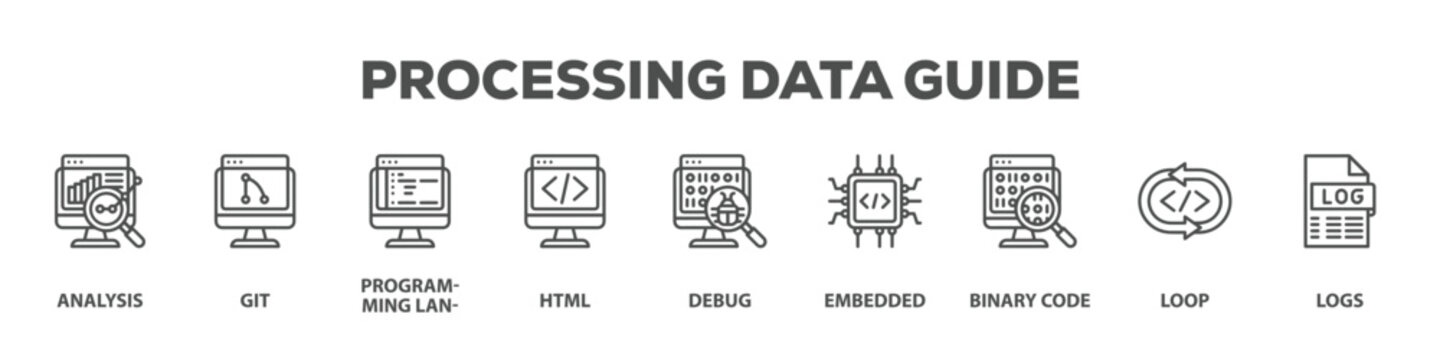 Processing Data Guide with icon of Analysis, Git, Programming language, Html, Debug, Embedded, Binary code, Loop, Logs