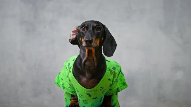 A black and tan dachshund dog wearing a green printed shirt shakes its head vigorously, then settles facing forward against a plain gray background.