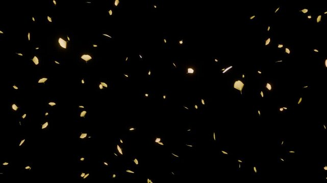 銀杏の葉が無数の山吹色に輝く光の粒子とともに舞い散るループ動画。秋の商業施設フェア、季節の挨拶オープニング、イベント配信に映える暗闇を鮮やかに彩るシネマティックで華麗な背景素材