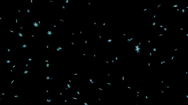 雪の結晶が鮮烈なシアンブルーに煌めき暗闇を鮮やかに彩るループ動画。年末年始プロモーション、冬のイルミネーション告知、デジタルサイネージに映える華やかな光彩のシネマティック素材