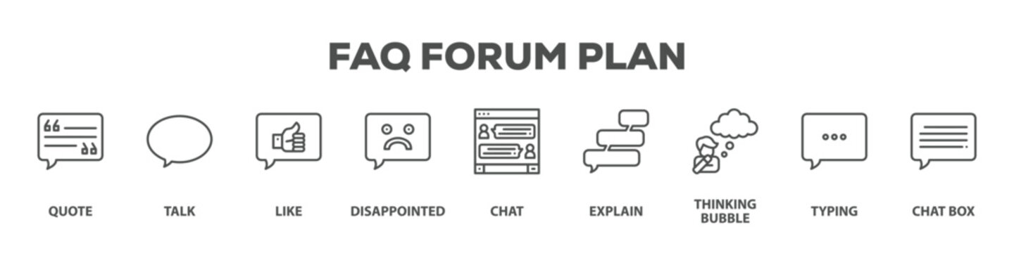 Faq Forum Plan with icon of Quote, Talk, Like, Disappointed, Chat, Explain, Thinking bubble, Typing, Chat box