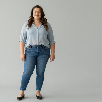 Studio portrait of a confident curvy female model wearing a light blue button-up shirt and denim jeans.