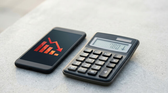 Financial smartphone calculator showing declining credit report figure on neutral surface
