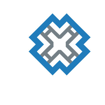 Geometric logo with blue and gray elements