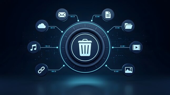 Futuristic trash can symbol connected to various digital file type icons, illustrating data removal, software uninstallation, and computer system optimization.