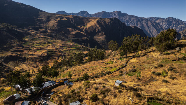 Andean landscape and agricultural terraces in the Nor Yauyos-Cochas Landscape Reserve, Peru