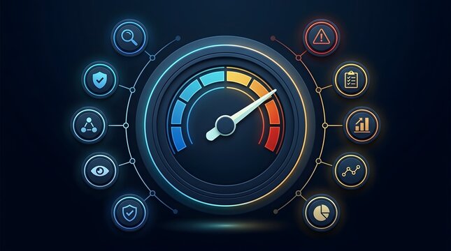 Glowing digital speedometer surrounded by analytics icons, representing business performance tracking, data monitoring, and fast technological efficiency.